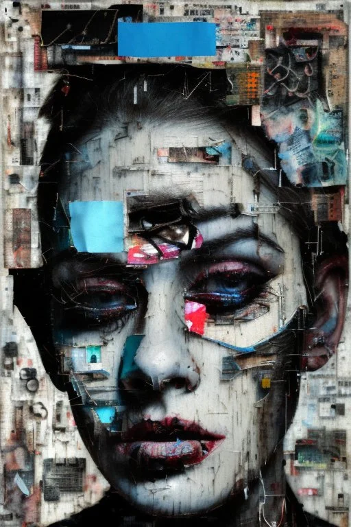 Ultra detailed medium portrait painting of a beautiful abused woman, she is crying and upset, masking tape on her mouth, blue brushed eye, chaos background,torn up collage of clippings, broken circuitry background, matrix effects, punk visual art, punk art aesthetic, graffiti art, pop surrealism, collage art, cluttered paint glitches