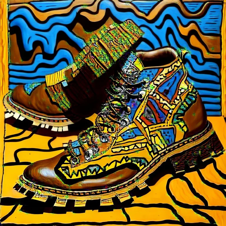 brown moutain shoes , art, oil drawing, bright, keith haring, picasso