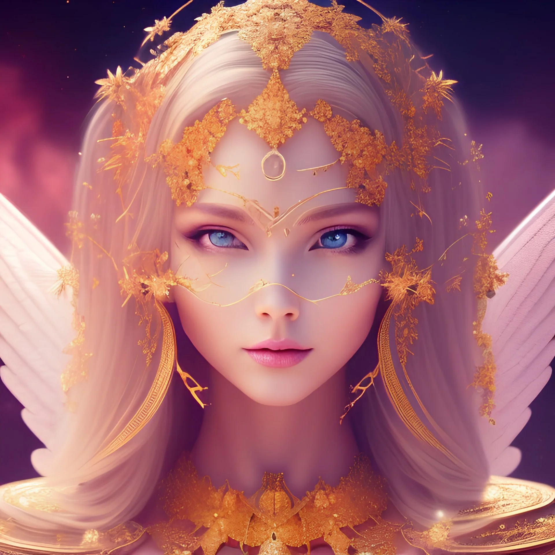 Flower, angel, beautyfull place,amazing, cosmic, colors, planet, gold, realistic, photo real, stars night, detailed, high contrast, 8k high definition, unreal engine 5, extremely sharp detail, light effect, light background