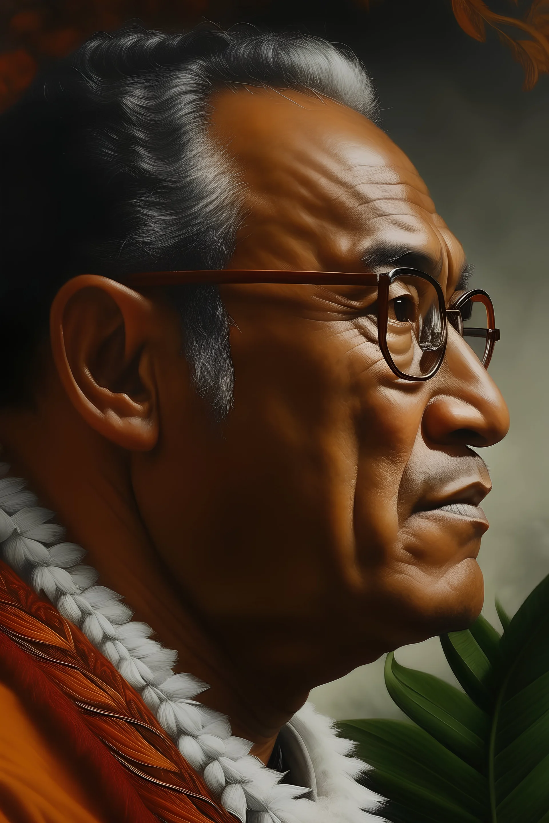 Side profile Painting portrait of samoan king young and with glasses