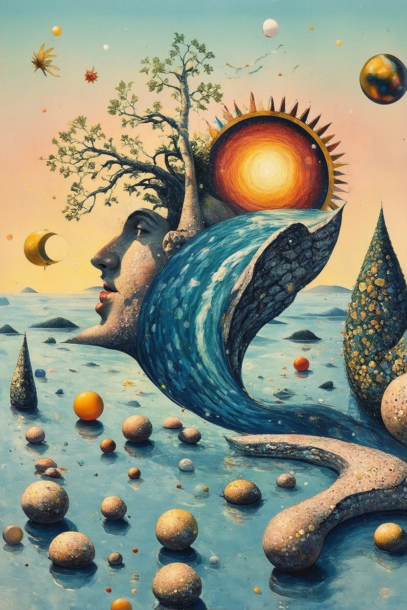 Nothing's going to stop the flow; Neo-Surreal Symbolism of the mental state of flow inspired by Hundertwasser and Kandinsky; Golden Hour; Controversial; Mendacious; Audacious; Whimsical; sparkly Pale Fluid Metal Pastel palette