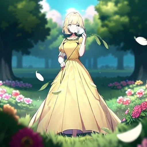 anime girl holding on to a dried dandelion flower and blowing the dried seeds into the air as the wind carries them away. outdoors scene.anime girl standing in a meadow of flowers. thw wind is blowing flower pedals into the wind. girl wearing yellow dress. more emphasis on seeds floating in the air. lots of seeds floating the air. lots of flower pedal floating the air behind the girl