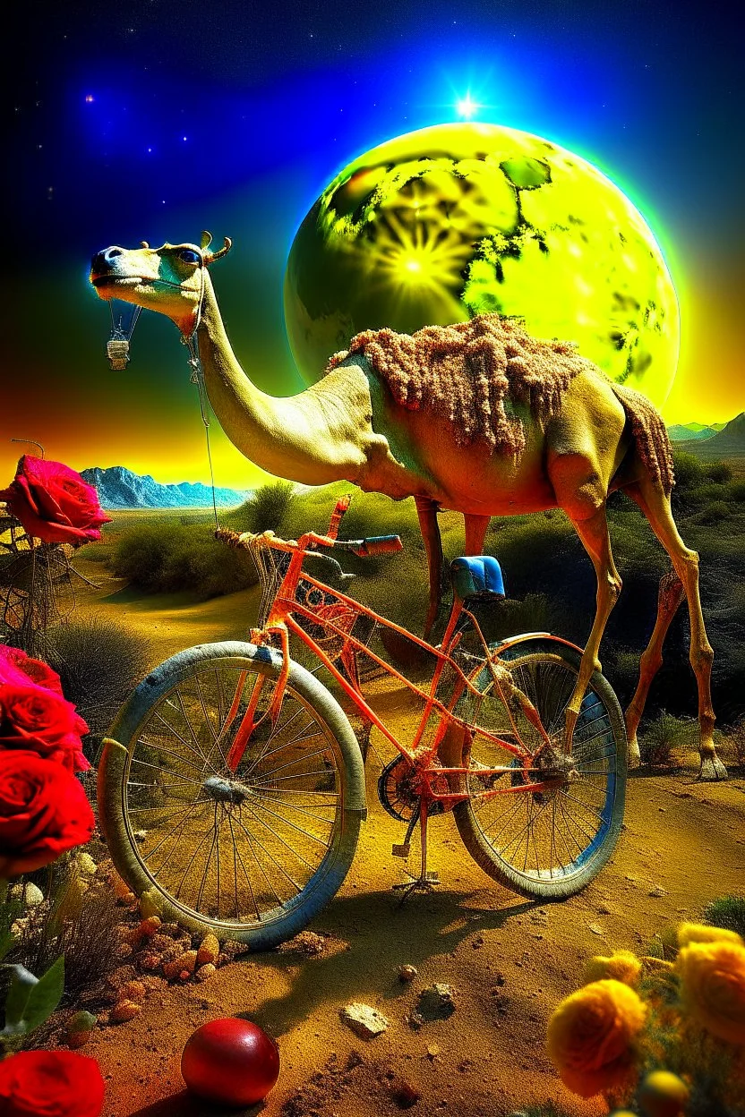 A weird abstract image of an oasis, a camel, astronot, broken bicycle, bush of yellow roses, clear skies with red moon, army tanker, weird, chaos80, surrealism