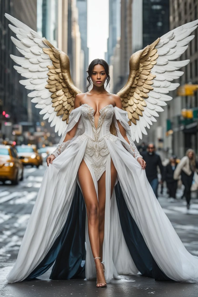 Front view full body excellent realistic portrait Beautiful Angel straddle wings with covering luxury Victorian gown,walking at new York City street