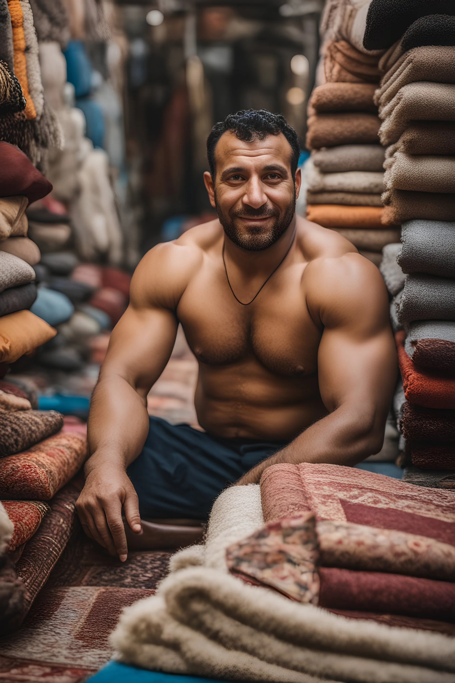 close up photography of a burly beefy muscular strong 34-year-old marocan man in Istanbul bazaar, shirtless, selling carpets sitting on a pile of carpets, biig shoulders, manly chest, very hairy, side light, view from the ground