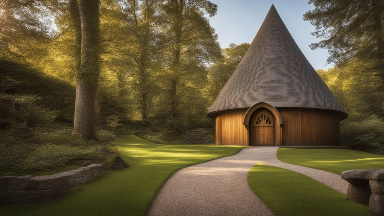 woodland path leads to large round cylindrical circular wooden church building, roof windows, conical roof, hobbit style, sunshine, peaceful, beautiful lighting, attractive composition, photorealistic, extremely detailed, chiaroscuro, rule of thirds, award-winning photograph