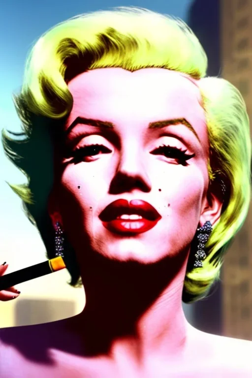 Marilyn Monroe, in full growth, smokes a cigarette, cyberpunk2077, photorealistic, 8k