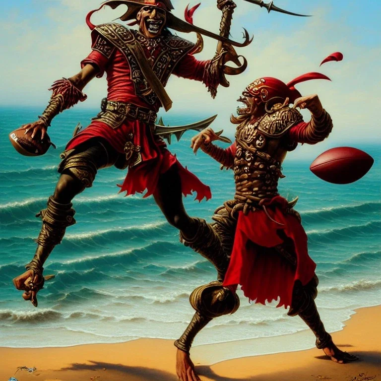 A mighty pirate warrior in dark red armor, throwing a football, beach background, style by peter mohrbacher, donato giancola, joseph christian leyendecker, wlop, boris vallejo