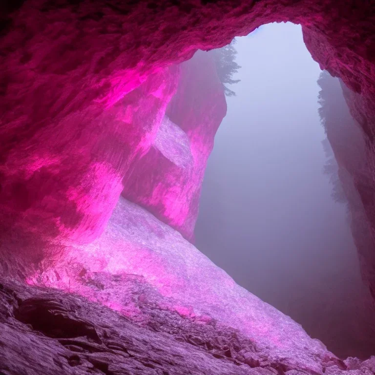 single pink crystal, in a foggy cave