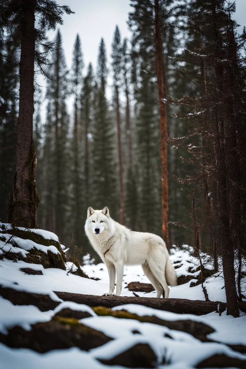 Giant White wolf standing in a forest, snow covering the ground