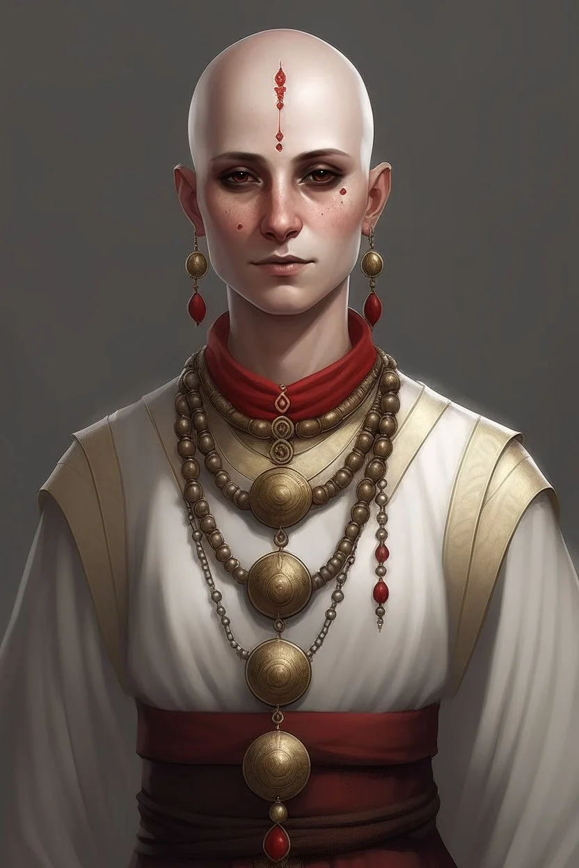 full length 22-year old, grey eyed, bald female human cleric with a necklace of red beads