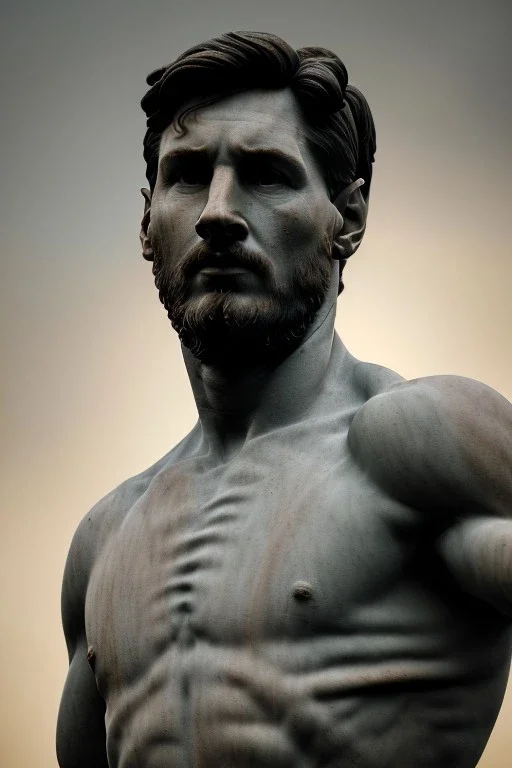 Ultra Realistic image, classical renaissance sculpture, marble material, Lionel Messi, waist up portrait, epic, celestial, cinematic lighting, God light, god rays, 4k resolution, smooth details, ornate details, soft lighting, unreal engine 5, sky background.