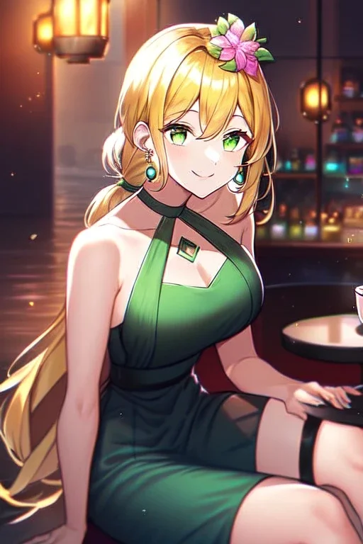 girl, masterpiece, best quality, cinematic lighting, detailed outfit, vibrant colors, perfect eyes, golden hair, green eyes, low ponytail, long hair, café, sitting, looking up, earrings, hair flower, smiling, depth of field, glowing light, reflection light, ray tracing, halterneck,