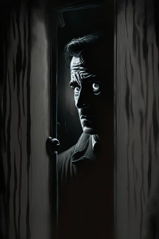 The man standing on the other side of the door, looking through the peephole with a suspicious expression on his face, modifiers: dark, Moody, shadowy, Low angle, film noir, Highly detailed, Digital painting, Artstation, Sharp focus, contrast, Contrasting colors, mystery, suspenseful, thriller, Expressionism, trending on deviantart, art by jock and sean phillips.