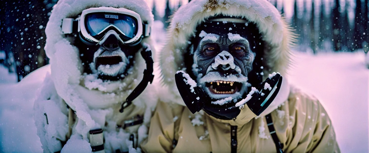 close up documentary photography, A Yeti that is an Epidemiologist, National Geographic, weird, Dystopian, Japanese, Extreme depth of field, bokeh blur, winter, blizzard, Alberta, all-natural, in the style of candid, imperfection, natural lighting, Professional shot, shot on Agfa, Fuji Film, Anamorphic lens, 1980s, --ar 4:5 --w 150 --style raw