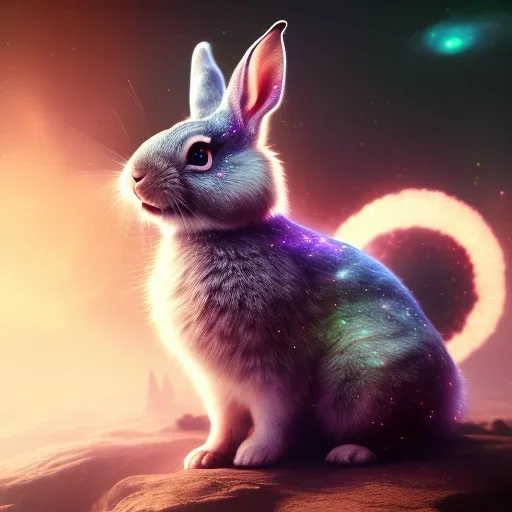 galaxies, spirals, space, nebulae, stars, smoke, iridescent, intricate detail, in the shape of a rabbit, fur wearing color diamonds, octane render, 8k, --q 2 --ar 2:3 --uplight