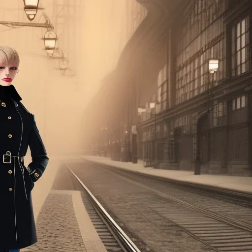 A beautiful slender well dressed young Russian woman with short blonde hair and a black trench coat, waiting for a man at night at a train station in London