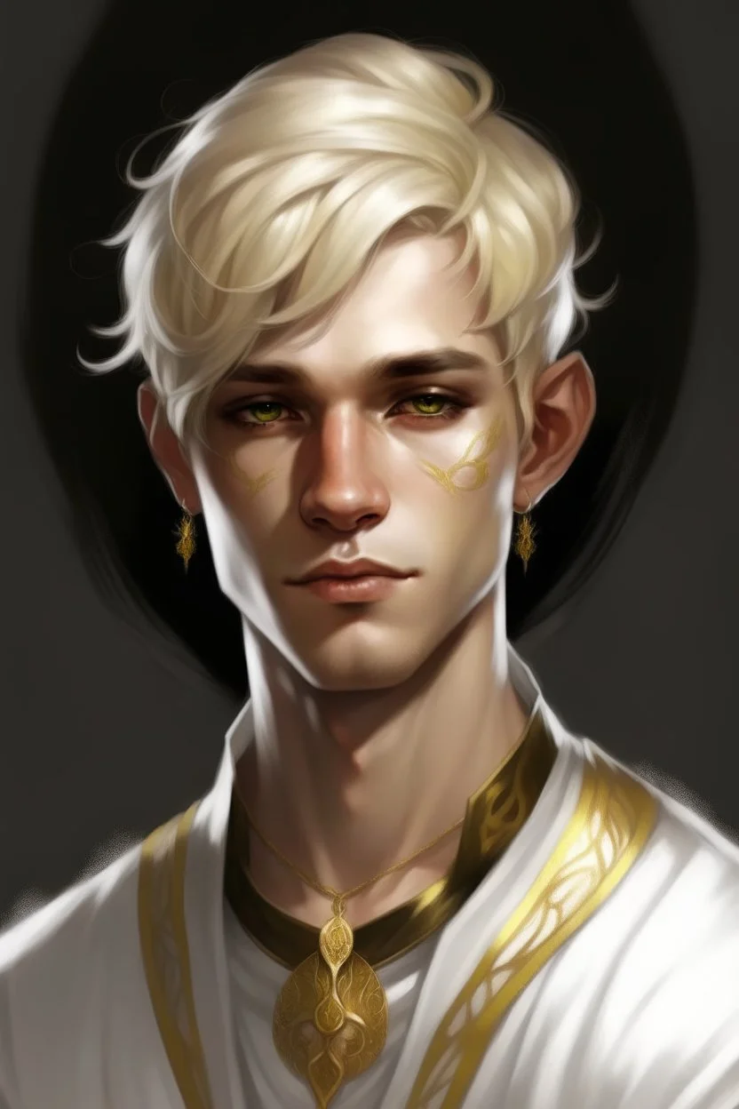 A young half elf man with White-Blonde, short hair, dark black eyes, dressed in white and gold with lots of jewelry, hero 30 years old