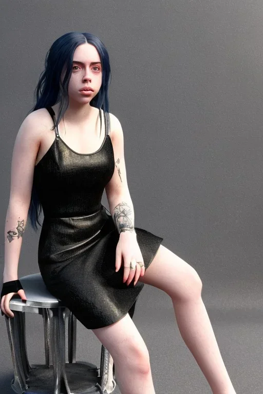 Billie Eilish, sitting on a chair, Black Short Dress, high detail, realistic