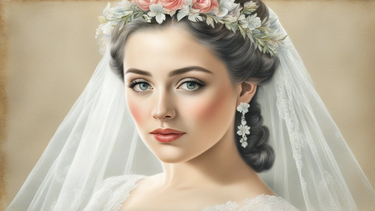 old postcard, white background, bride, colored pencil drawing, 3d, 64k, high resolution, high detail, computer graphics, hyperrealism, f/16, 1/300 sec. digital painting, double exposure,