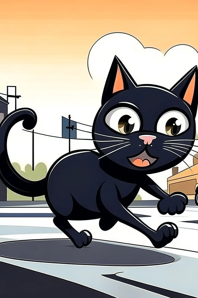 black thin cat cartoon crossing street