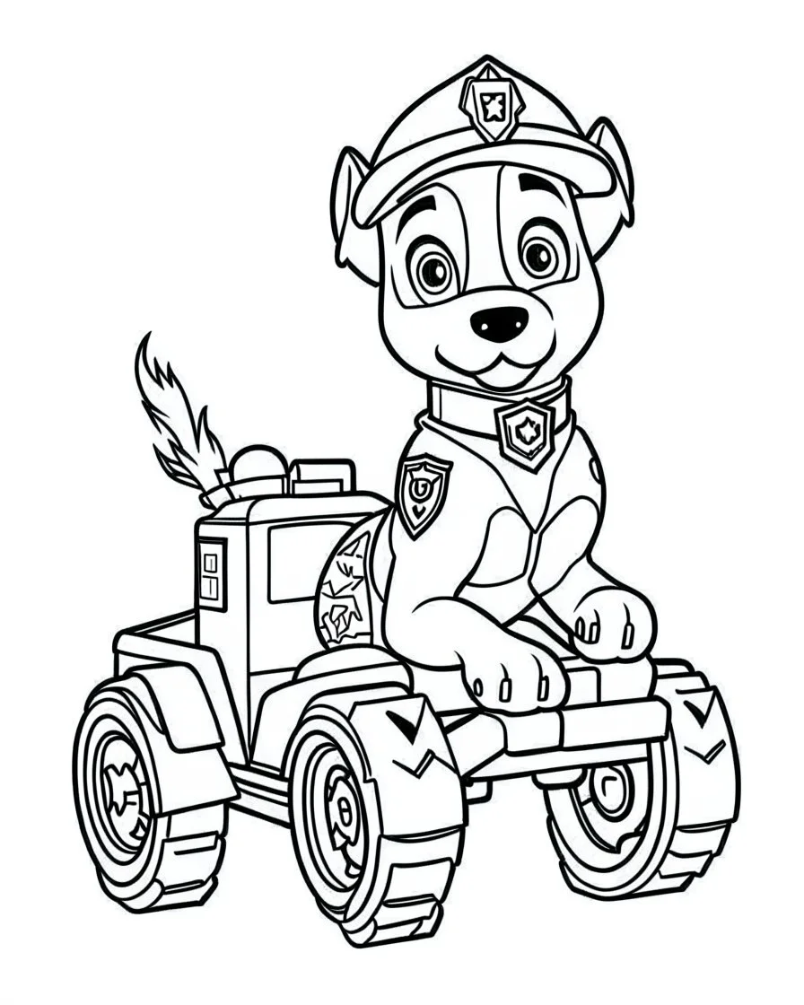 outline art for Paw Patrol Marshall With Fire Truck coloring page, Japanese manga style, cartoon style, cute face, white background sketch style, full body is a must, only use outline, clean line art, no shadow, bold outline