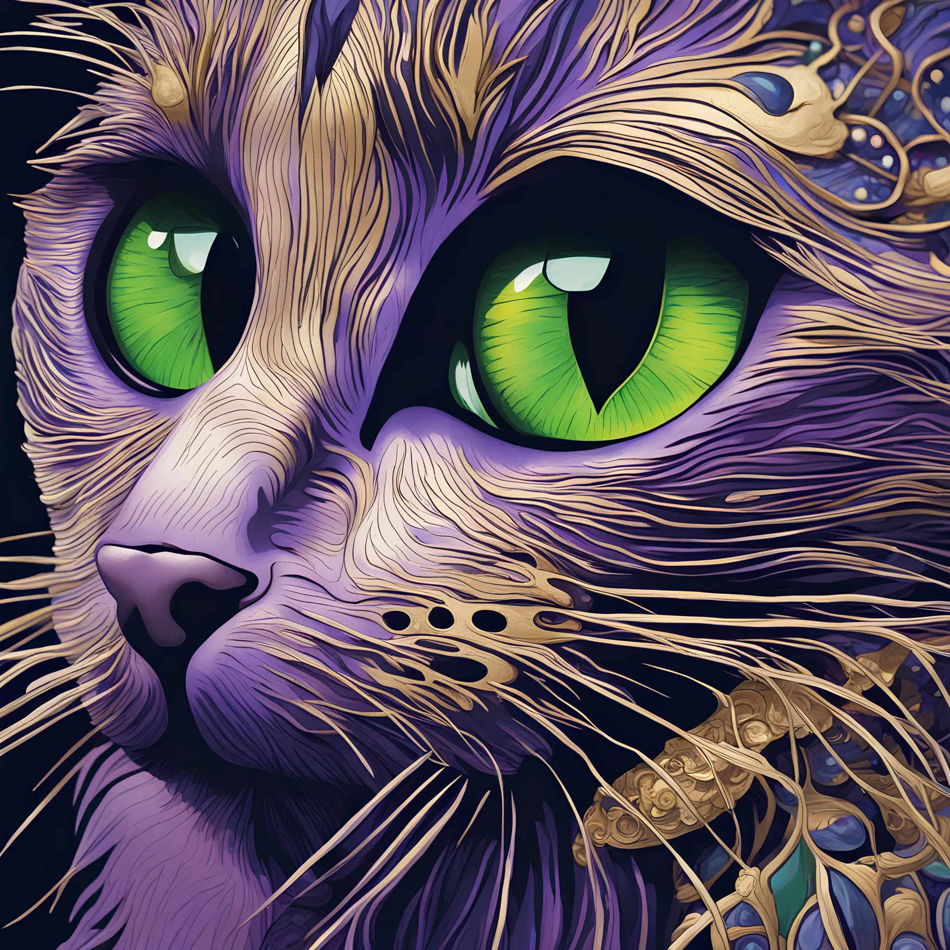A stunningly detailed close-up portrait of a cat's eye, adorned with intricate navy blue and gold lines. His deep purple lips drip with lilac liquid, while his mesmerizing green eyes exude a magnetic allure that draws the viewer in. Hans Darias AI ultra-detailed features of his eyelashes and skin tone accentuate the radiant beauty of the scene. In the foreground, a small figure of a makeup artist is suspended from a metal scaffold by chains, meticulously applying makeup to the magician's eye wit