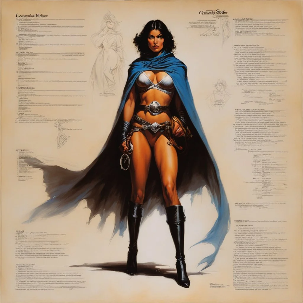 ConceptSheet [by Boris Vallejo]: woman thief and her magic cape with AD&D statistics