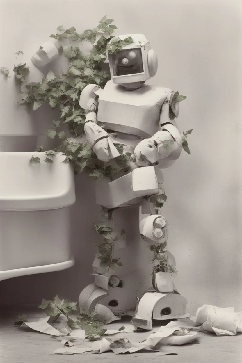 rollerflex photograph 1950s, dusty, robot made from toilet paper and infected with ivy, 4k, no