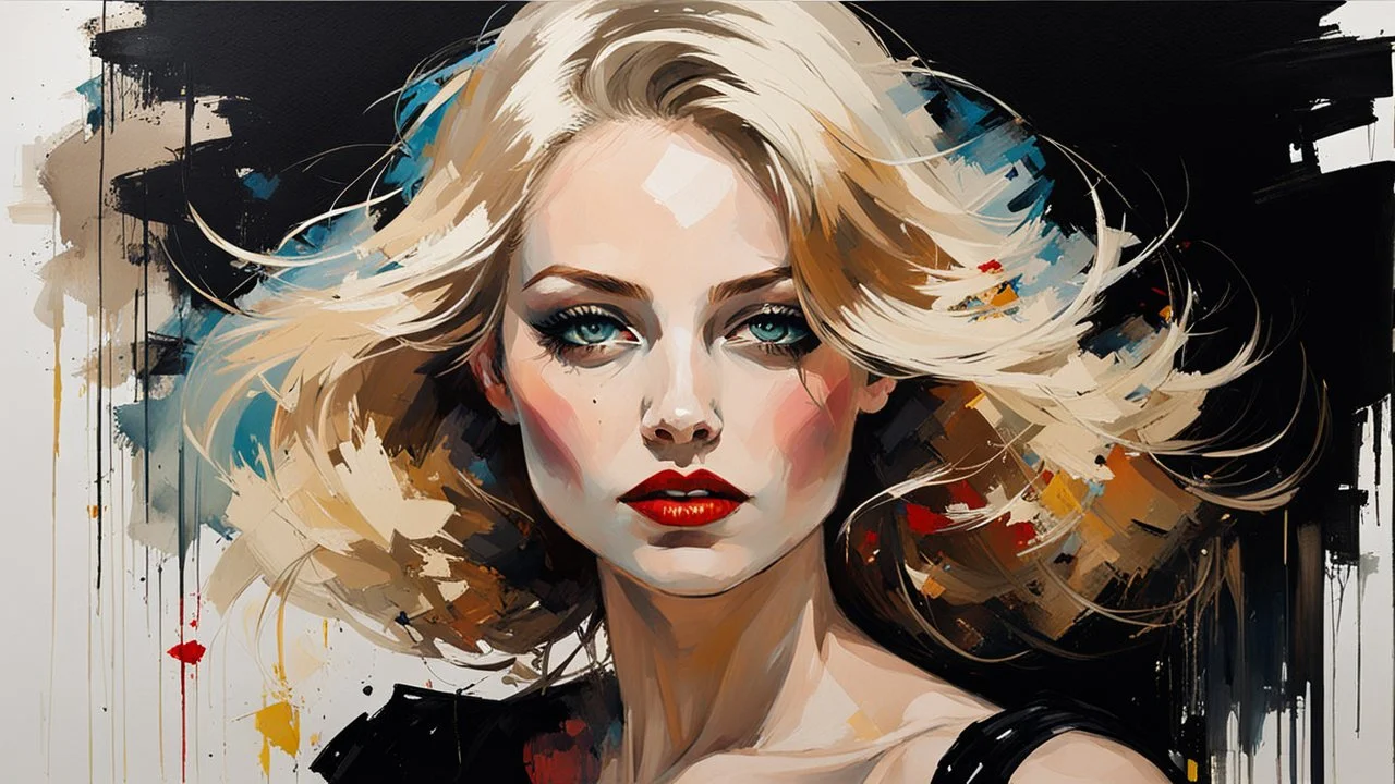 Blonde Pale Thin well endowed Scandinavian Woman 24yo, Big Eyes, red lipstick, Long Eyelashes And Eye Shadow smiling, wearing a black dress, femme fatale :: by Robert McGinnis + Jeremy Mann + Carne Griffiths + Leonid Afremov, black canvas, clear outlining, detailed