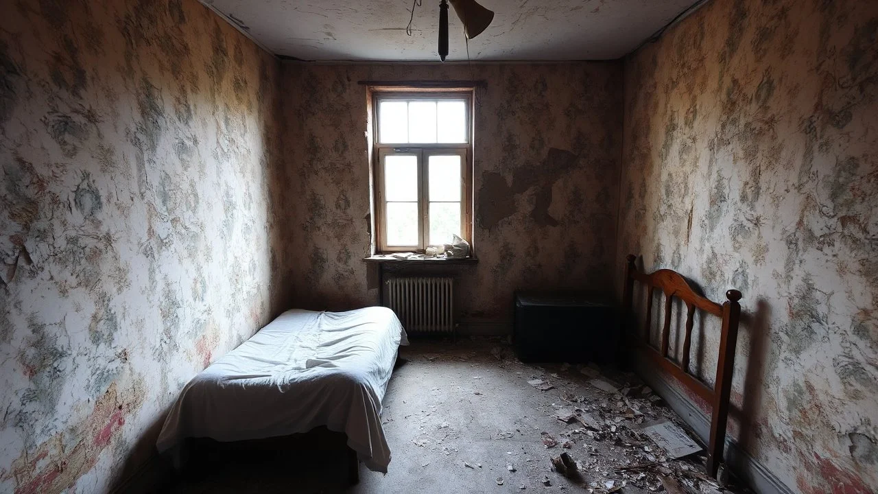 An old, dilapidated bedroom with peeling wallpaper, a worn bed, and a single window letting in natural light. The room appears to be in a state of disrepair, with debris and clutter scattered throughout