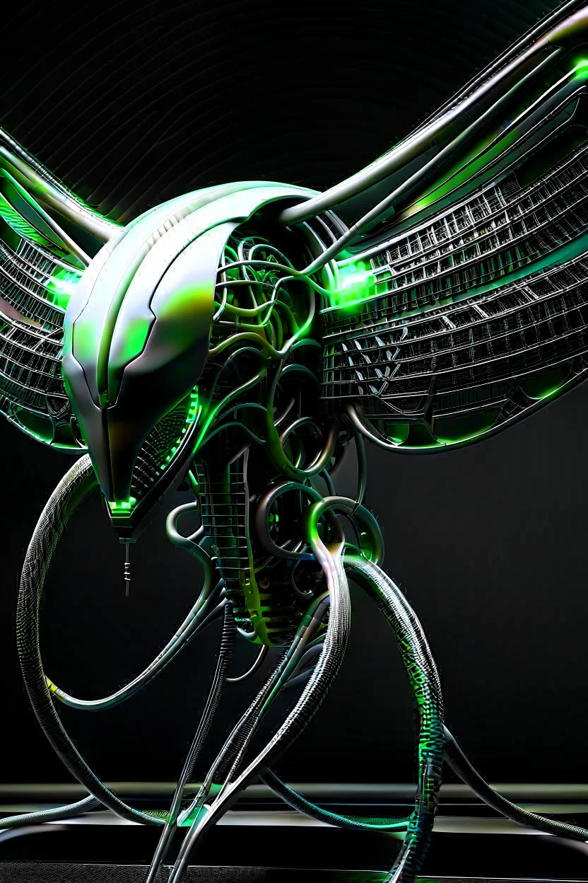 Cyborg symbiote, white color, green color, tendrils, high tech, cyberpunk, biopunk, membrane wings, carbon fiber