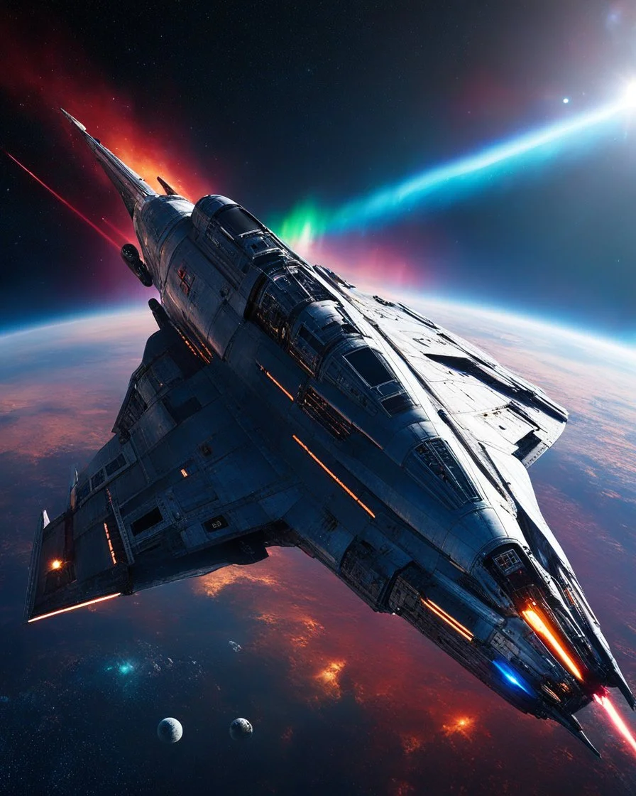 Sci-Fi in Movie Star wars style cinematic colors - High Details Photography Alien Jet Spaceship Futuristic - Spaceship Jet Modification Shaped Futuristic Alien Space ship - Best Shooting Best length Angle Photograph - DSLR Lens Camera,Flying Above on cosmic galaxy planets nebula aurora cinematic colors