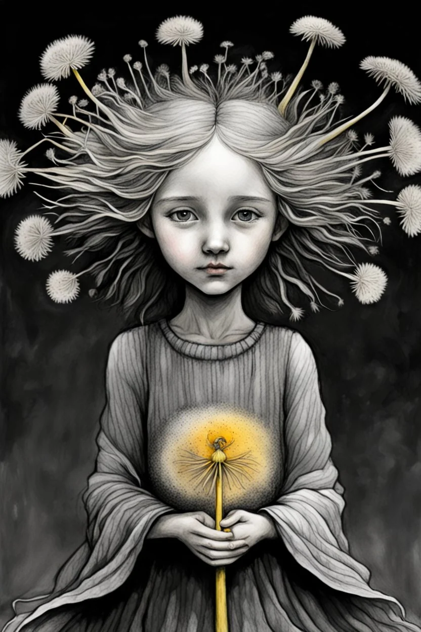 pencil and charcoal sketch of a cute happy little dandelion fairy girl, Mucha inspired emotional nature ephemeral sculptures of Andy Goldsworthy, tiny human form, essence captured as if created by surrealist photographer Noel S Osvald rendered in bright ombre colors, mixed with influences by John Bauer and Tim Burton, faded dark grey background, minimalistic art, with details that reflect advanced rendering techniques that push the drawing's realism even further Modifiers: trending on Artstation