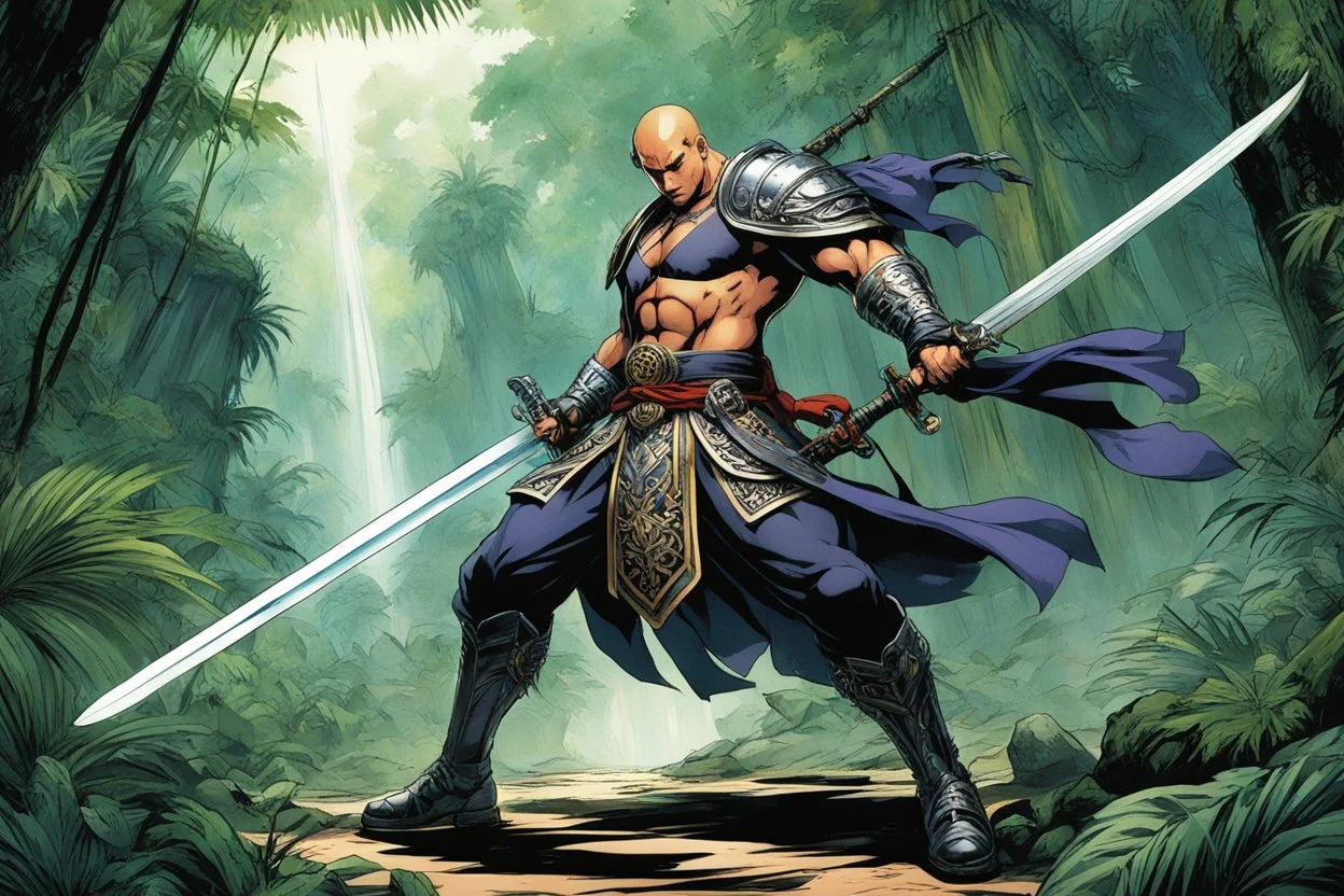 (in the style of Orion, by Masamune Shirow) DUEL: a tattooed gangsta monk with his staff fights against a paladin knight with his two handed sword zweihander in the jungle