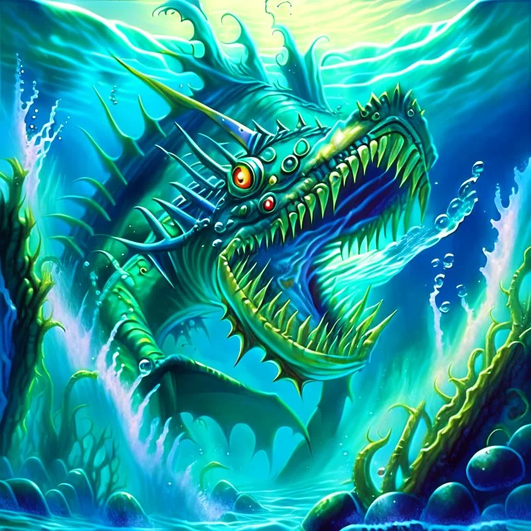 90's TCG retro fantasy art of a sea monster under the water