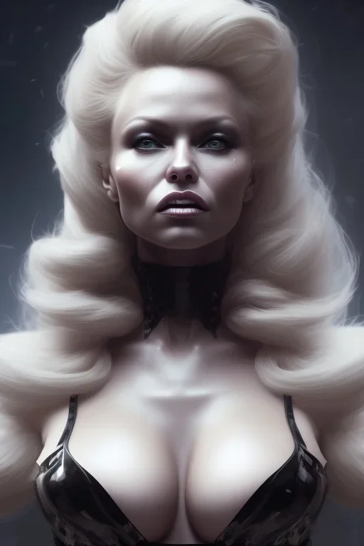 Pamela Anderson as evil queen in black leather, leather, busty, cleavage, angry, stern look. character design by cory loftis, fenghua zhong, ryohei hase, ismail inceoglu and ruan jia. unreal engine 5, artistic lighting, highly detailed, photorealistic, fantasy