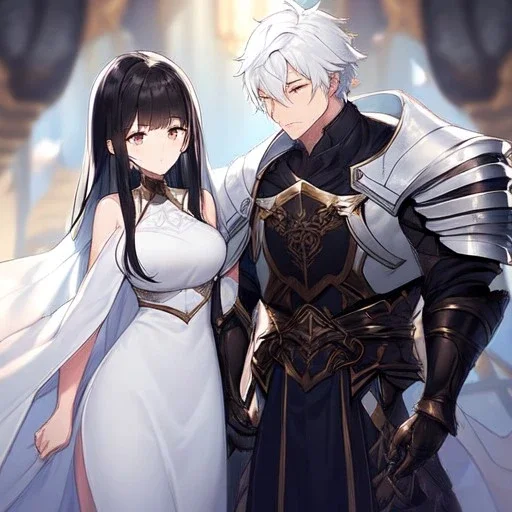 Girl with white hair wearing white robes. Boy with black hair wearing leather armor