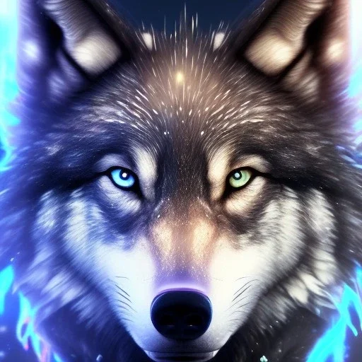 epic coolest wolf with black fur and blue piercing blue eyes in the night with black shade, from the side, neon blue flames, 8k resolution, ultra hyperdetailed, Unreal Engine 5, ultra colorful, very small details, realistic