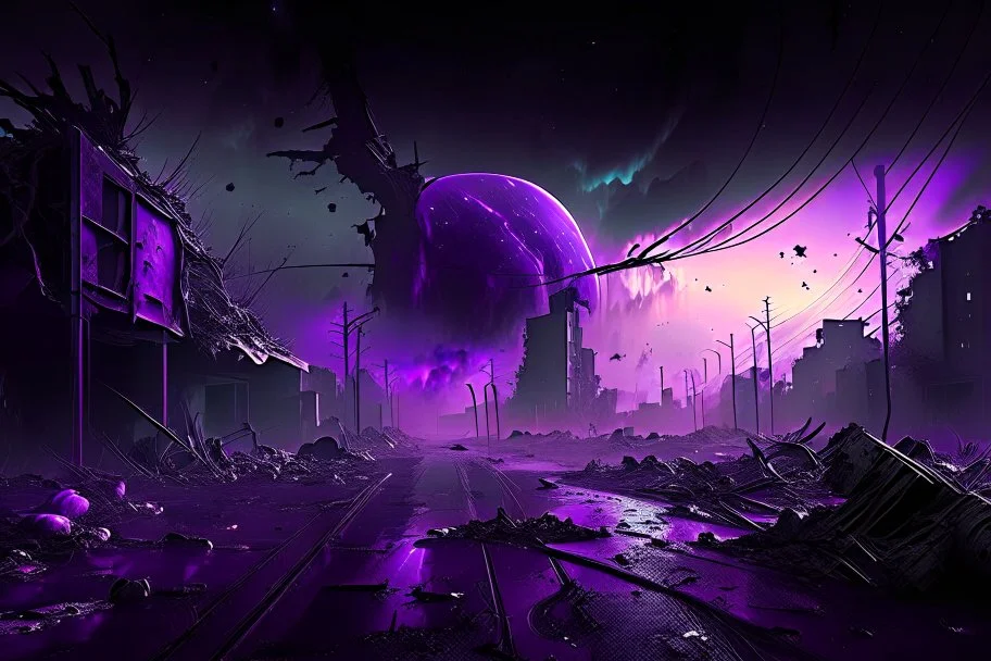 Destroyed City, Street View, Dense Purple Fog, Dead Soil, Broken Roads ,Black Night Sky, Stars, Space, Distant Alien Planets,