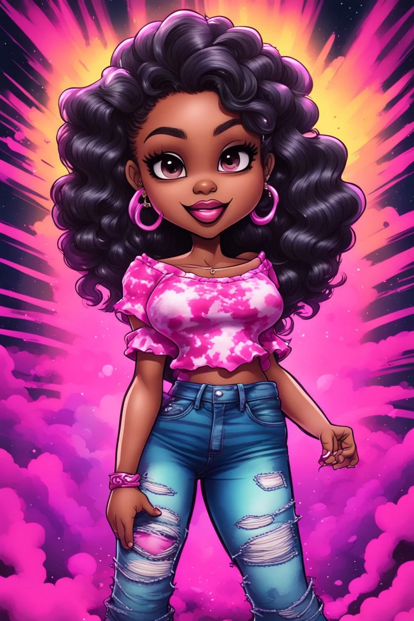 vibrant psychedelic comic book image, airbrush, 48k, cartoon art of a chibi curvy black female wearing torn jeans pants and a pink tie dye off the shoulder blouse. Prominent make up with lush lashes. Highly detailed sleek wavy ponytail