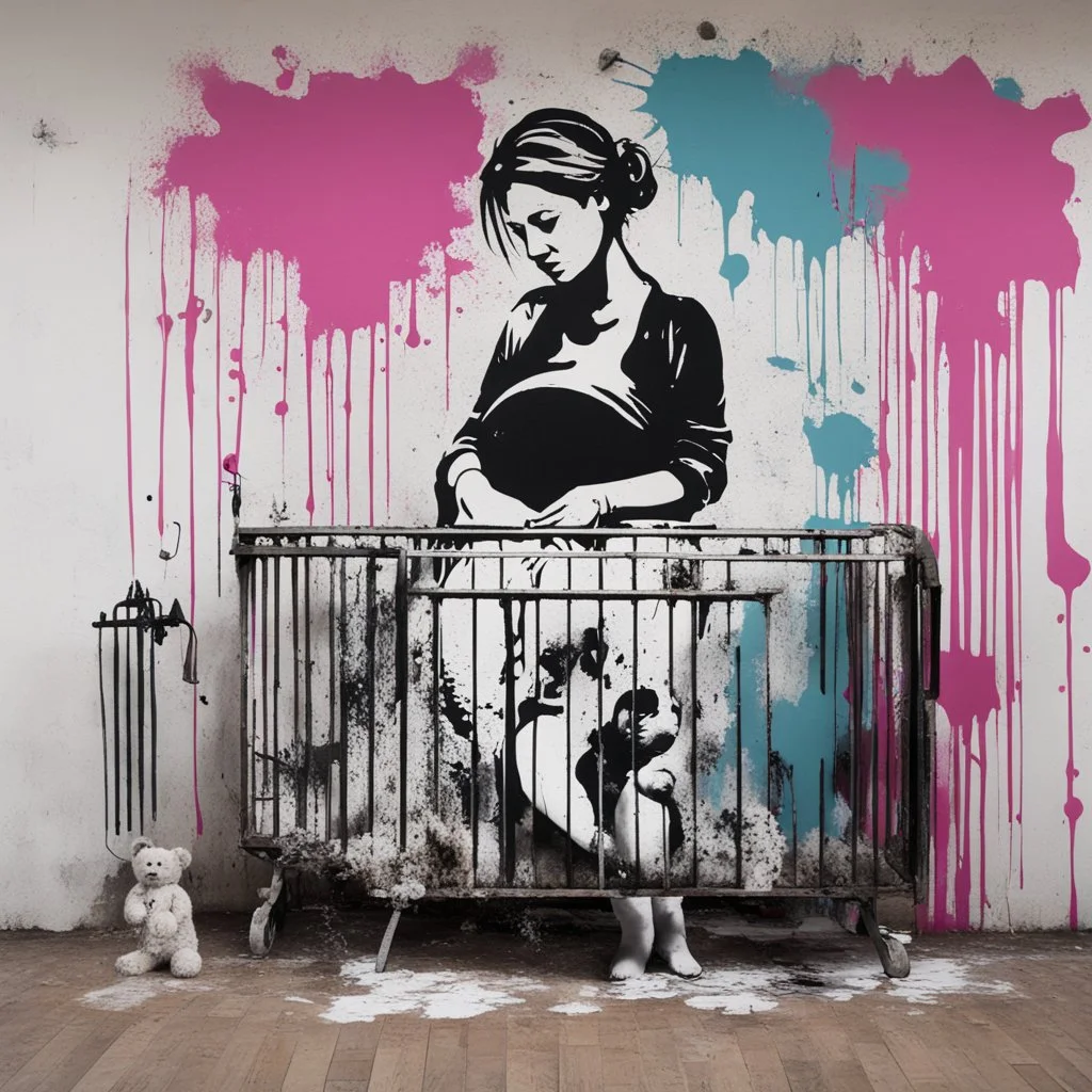 Banksy wall color graffiti depicting a pregnant mother standing wistfully besides a crib, Style by Banksy and WRDSMTH, maudlin, baby mobile, moody, spray paint splatter