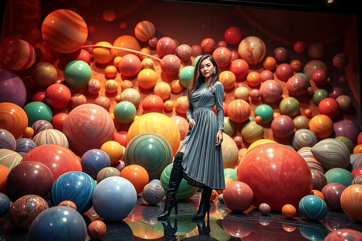 beautiful full body with long boots and midi dress lady in surreal stage made of fractal random size spheres with helical strip colors in clothing similar to environment full body posing to camera