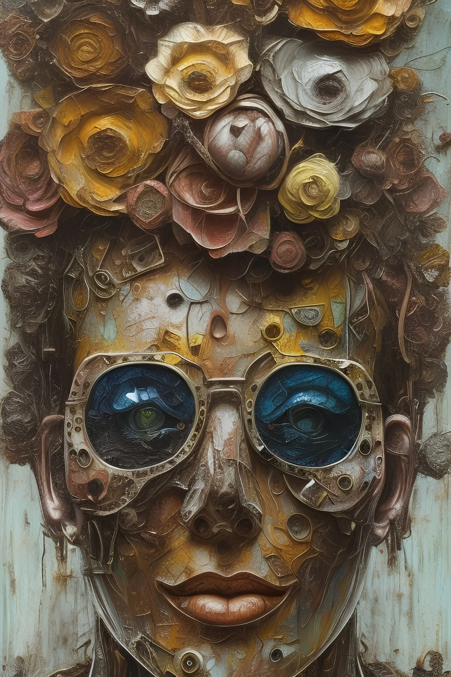 an abstract painting of rusted metal and flowers, by anselm kiefer and lucian freud, rust, scaffolding, iron cladding, decay, mixed media, textured, anatomically correct, beautiful perfect face, sharp focus, highly detailed