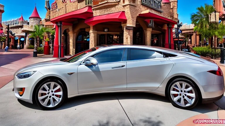 A Tesla's 'Model S Plaid' is parked, in the 'Islands of Adventure, Universal', in Orlando, Florida. CINEMATIC. WIDE ANGLE LENS.
