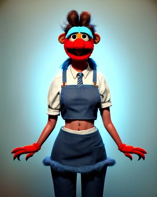 Waist up Portrait, hybrid character, waitress woman with monster muppet mask that covers her entire head, retro style, Sesame Street style, smooth, unreal engine 5, god lights, ray tracing, RTX, lumen lighting, ultra detail, volumetric lighting, 3d.