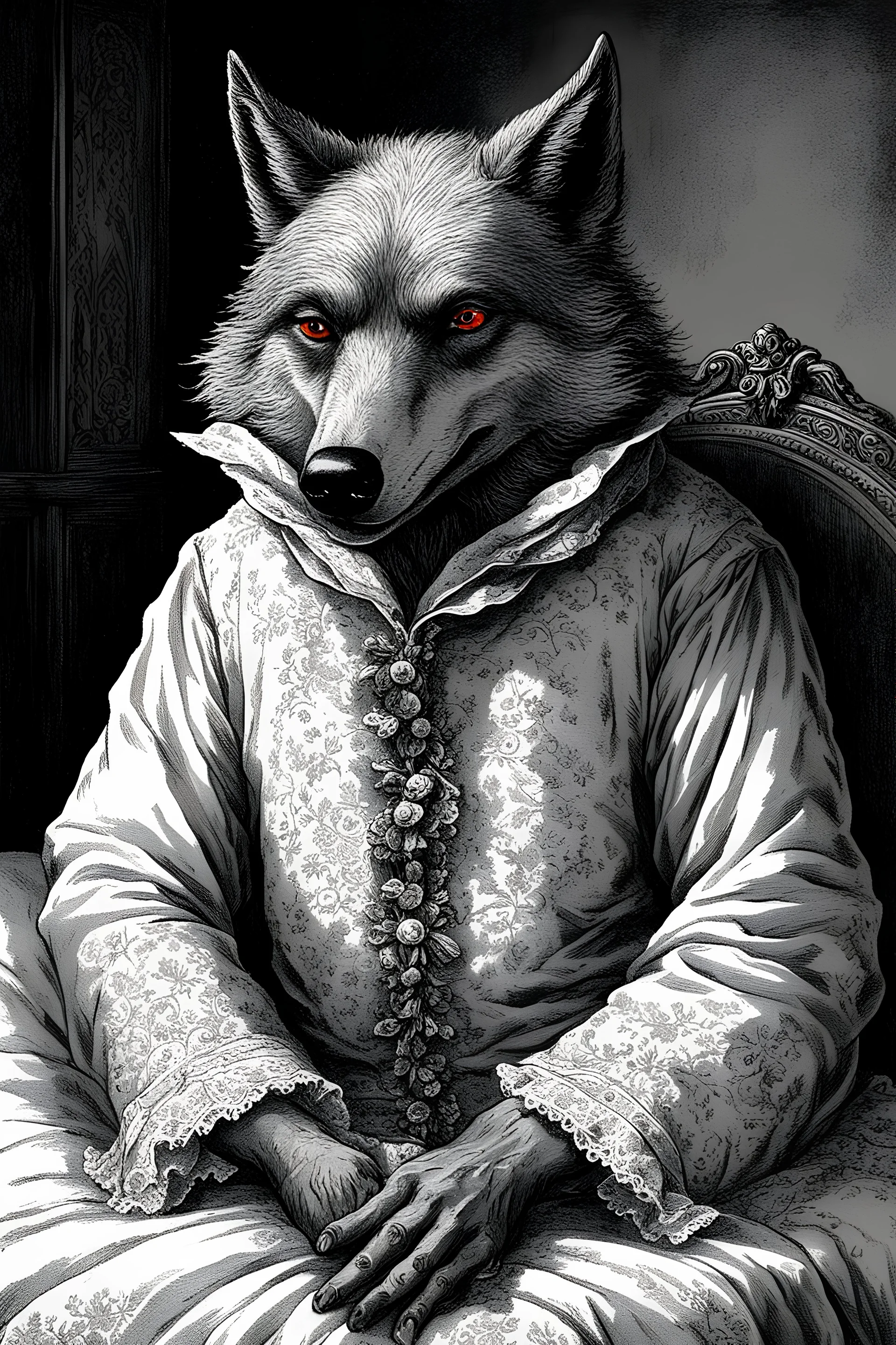 The big bad wolf portrait from the French fairytale "Little red riding hood" dressed up like a grandma, whistlinthe scary wolf wears a white lace baklava and frilly pajama set, waiting in a bed as he awaits, art by Gustave Dore, dark fantasy, 19th century art, children's book illustration, storybook illustration, wolf monster , folk art, macabre, rich colors, absurdist cartoonist style