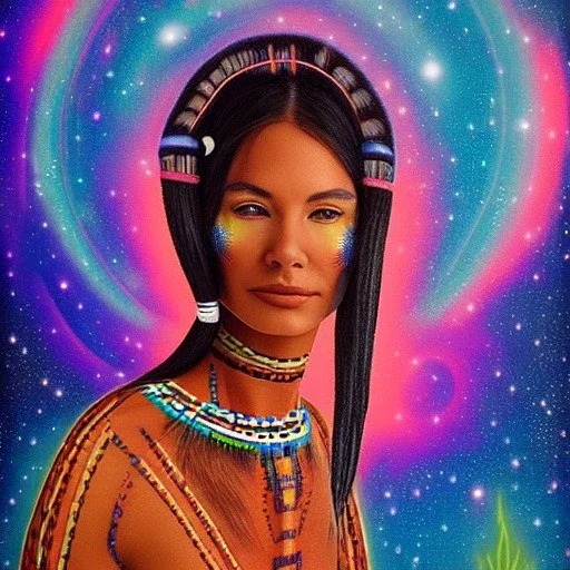 subtle indigenous woman in a galactic ambiance