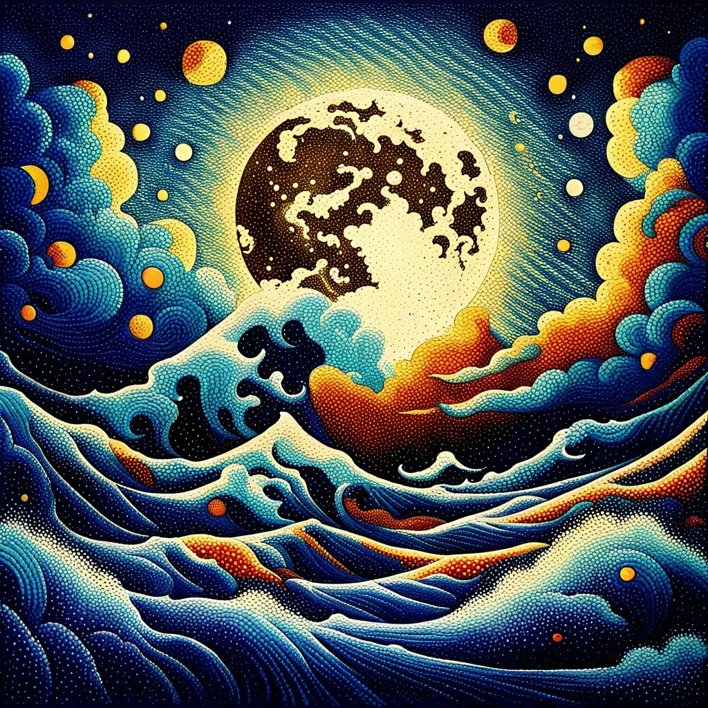 Pointillist artwork. Medium shot. Animated waves and storm clouds partially occlude the huge moon in a nighttime sea storm. Wide angle lens. Mikalojus Konstantinas Ciurlionis inspired pointillism with Miriam Schapiro's vibrant colors. Geometric shapes and patterns reminiscent of Naomi Okubo's style. Screen print textures and pop art aesthetic. Triadic colors with blue, yellow, and red hues. Golden hour glow with symmetrical composition. 8k resolution, highly detailed, trending on Artstation, fol