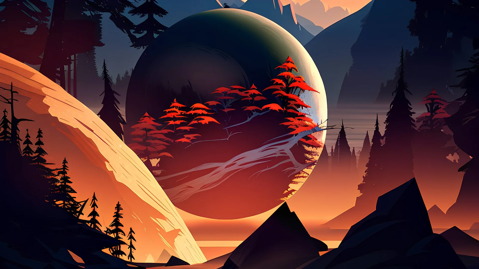 Stylized image of a forest, near a serene lake and mountains in the background at sunrise